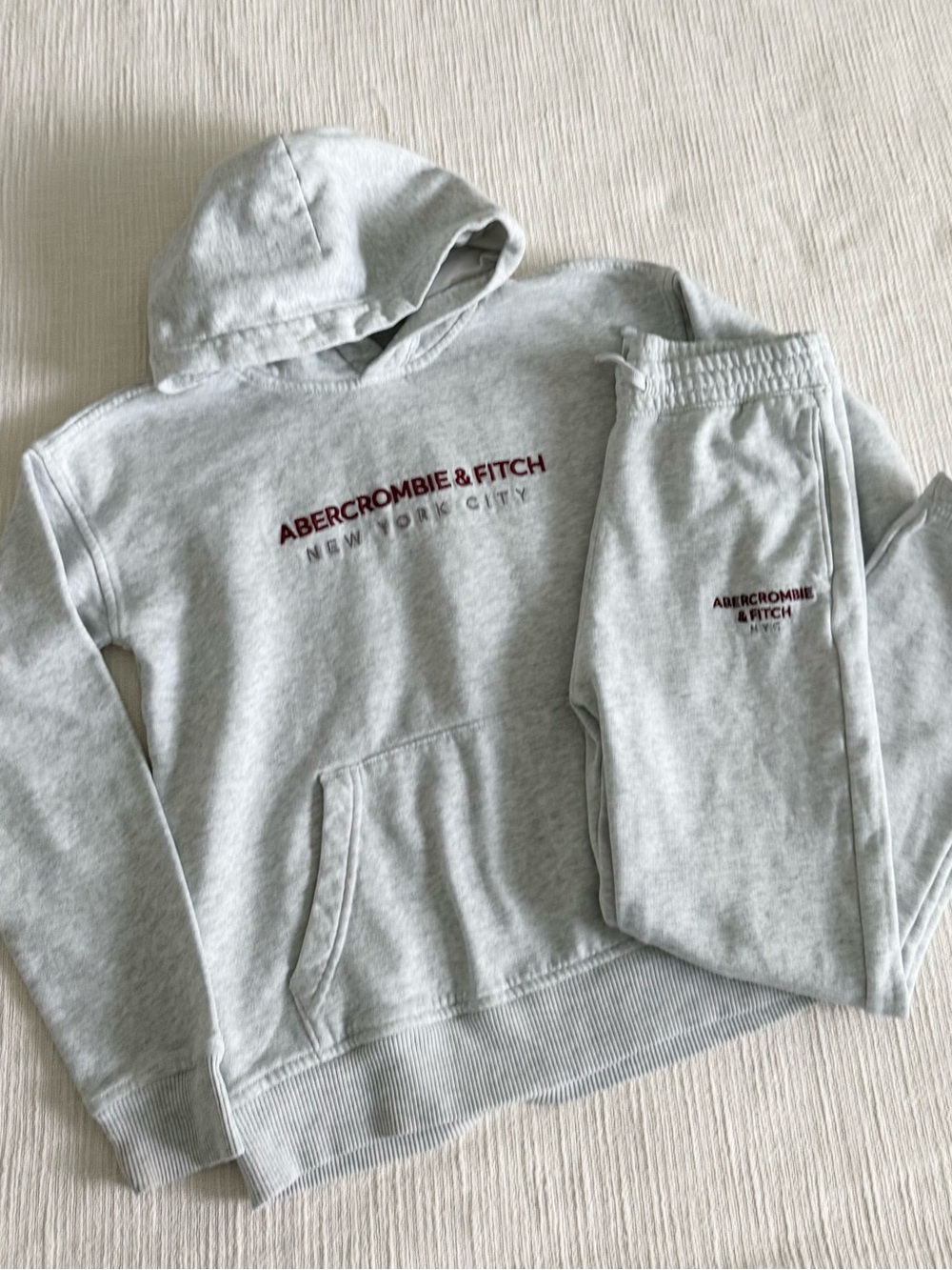 Abercrombie & Fitch Light Gray Kids Hoodie & Jogger Set with Maroon Logo